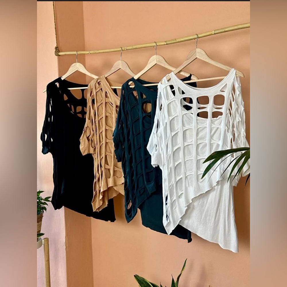 Chic Women's Open-Knit Blouses - Black, Tan, Teal, White